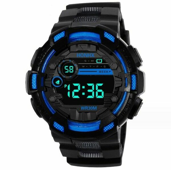 T0459 新品 LED デジタル多機能 メンズ レディース 腕時計 黒/青