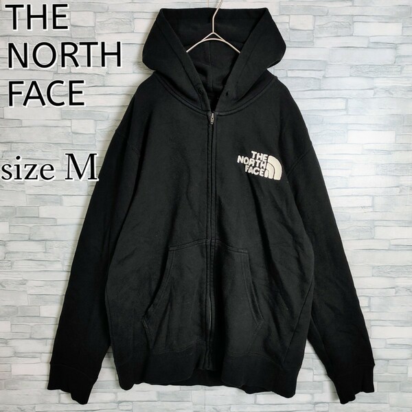 【人気】THE NORTH FACE ノースフェイス☆パイルロゴ付パーカー　M　ブラック 黒　刺繍ロゴ　フルジップ ジップアップ フーディ 薄手