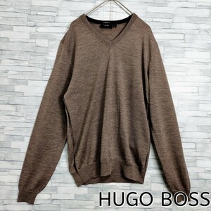 【美品】HUGO BOSS ヒューゴボス☆プレートロゴ付ニット／セーター　ダークブラウン／焦茶　ウール　トルコ製　薄手　無地　Vネック　S