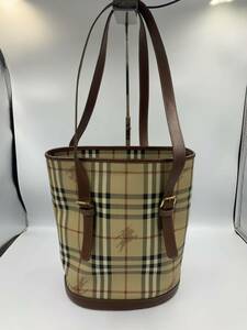 美品 BURBERRY LONDON バーバリー トートバッグ ノバチェック PVC×レザー ゴールド金具 ブラウン レディース 肩掛け