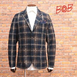 1円/秋冬/BOB/52サイズ/イタリー製ジャケット 圧縮ニット 伸縮 あたたか チェック柄 着心地◎ アンコン 新品/紺×茶/hd709/