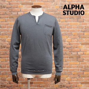 1円/秋冬/ALPHA STUDIO/50サイズ/キーネック ニット エクストラ ファイン メリノウール100％ ガーメントダイ 上質 新品/グレー/he292/