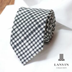 1円/LANVIN COLLECTION/フランス製ネクタイ ウール100％ チェック柄 プレッピー トラッド ジャケパン ナロータイ 新品/白×黒/ib205/