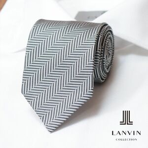 1円/LANVIN/ナロータイ シルク100％ ジャガード ヘリンボーン柄 モダン クラシック 極薄芯地 フランス製 お洒落 新品/黒×白/ib213/