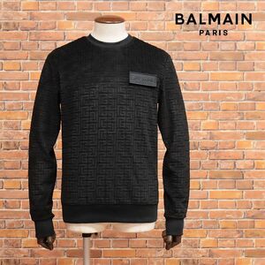 1円/2022AW/BALMAIN/XXLサイズ/丸首トレーナー YH1JQ040 光沢ベロア ジャージー モノグラム柄 ワッペン バルマン 新品/黒/ブラック/hb297/