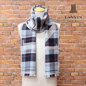 1円/LANVIN/イタリー製ニットストール ウール100％ チェック柄＆ロゴ プレッピー レトロ 男女兼用 ランバン 新品/サックス×紺/hf175/