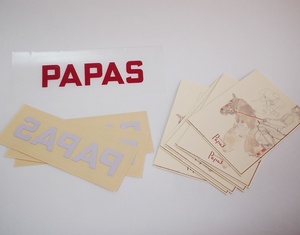 Papas パパス PAPASロゴ ガラス用ステッカー 赤3枚 ＆ デザイナー荒牧太郎さんのスケッチ ポストカード 6枚 セット