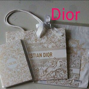 4点セット　Dior　2023ホリデー期間限定ノベルティ 巾着ポーチ　メッセージカード　ノートブック　ショッパー大　白×ゴールド　