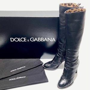 ドルチェ&ガッバーナ DOLCE& GABBANA ロングブーツ 23.5 箱付き ブラック 黒 ハイヒール レザー ヒョウ柄 レディース ブランド