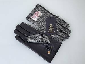 * unused![HarrisTweed] Harris tweed ram leather using gloves black leather size L *.