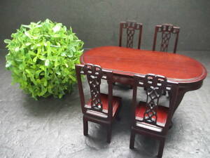 [ rare ] high class miniature wooden dining set table & chair 4 legs set doll house miniature furniture cat pair display Vintage 