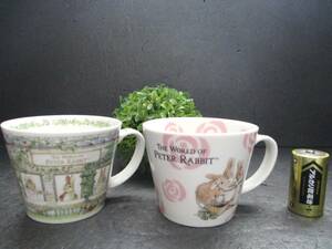 ☆1000スタ☆【美品】ピーターラビット 大きいマグカップ BEATRIX×POTTER 柄違い 2個セット バラ柄 ハウス柄 スープカップ マグ 廃盤