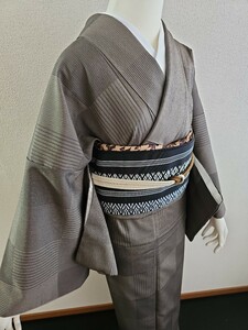 すずや■306正絹本塩沢お召し袷　裄丈68cm 　焦げ茶系