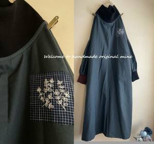 K-7　スモーキー濃紺微起毛＆胸刺繍アップリケタートルWタック切替Op handmade 