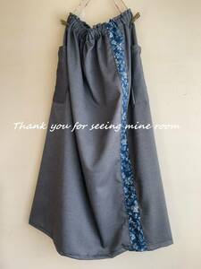 J-5　コットン混ウールグレー＆綿麻ボタニカル柄切替スカート handmade