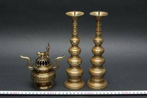 5227 香炉 燭台2個 真鍮 ■仏具・仏像・仏教美術 燭台高さ約20cm 1対 寺院