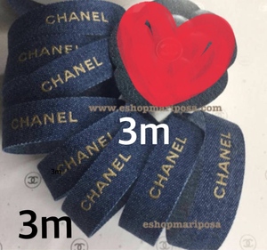 CHANEL◆シャネルリボン 3メートル デニム柄 希少 3m ブルー地にゴールドロゴ入り デニム地 x 金色 リボン 非売品 ラッピングリボン 包装