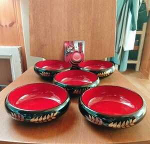 未使用品 年輪漆器 小鉢 5個セット 黒木の葉 漆塗 うるし塗 葉っぱ 葉っぱ柄 黒 赤 朱色 本漆塗 本うるし塗り 深皿 取皿 和食器 デザート皿