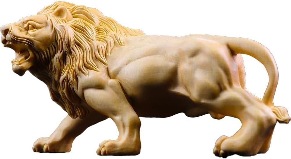 Lion wood carving, carved from natural cypress wood, lion statue, wooden figure, handmade finish, suitable for both Japanese and Western-style rooms, animal figurine, Sculpture, object, Oriental sculpture, others