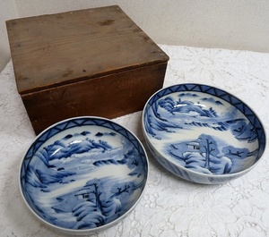 (*BM) old house delivery goods blue and white ceramics landscape large small large bowl 2 point diameter 25/21.8. Arita . old Imari Japan antique retro antique Japanese-style tableware large plate 