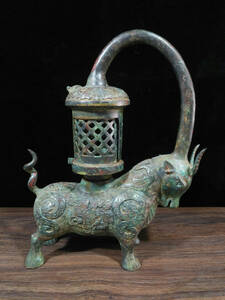『漢・青銅器彫・牛形燈』極細工 置物 古賞物 中国古玩 中国古美術