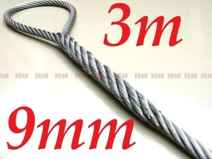 ☆ ワイヤロープ【台付け　ワイヤーロープ】９ｍｍ３分/３Ｍ 編み込み加工 ロープ屋直”３万円以上送料無料”新品未使用(台付け)