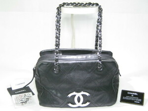 中古良品 CHANEL ★デカココ シルバー金具ココマーク ★レザー ミニボストンバッグ ★チェーンショルダー ★冊子/カード有