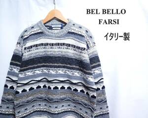 ☆イタリー製のおしゃれなセーター　☆BEL BELLO FARSI　☆フェアアイル柄　☆デザインセーター　☆ニット　☆プルオーバー　☆メンズ　☆M