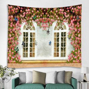 タペストリーE09　バラ　窓　ベルサイユ　ピンク　ヨーロッパ　蝶　春　撮影背景　背景布　ウォールデコ　