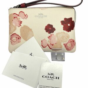 美品 コーチ COACH ポーチ リストレッド　アイボリー レザー 花柄 財布