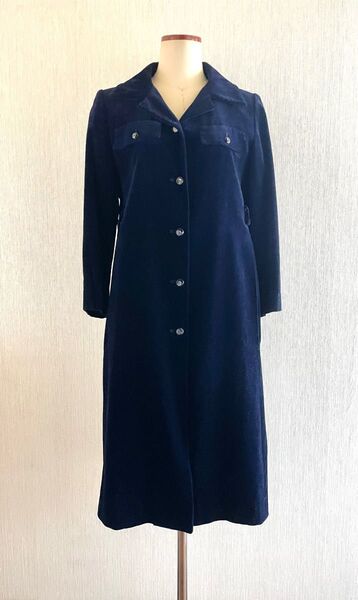 70s ヴィンテージ ベルベット 別珍 コート ネイビー 紺 S相当 ロングコート