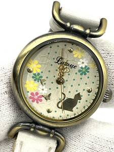 【電池切れ】J-AXIS　ジェイ アクシス　クォーツ腕時計　レディース　猫　花　シルバー文字盤　ケース：2.5　