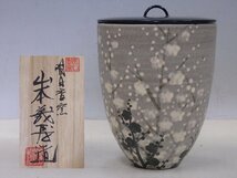 ★美品 奈良 明日香窯 山本義博造【白梅絵　水指　共箱・栞】直径14cm　高さ（木製塗蓋込）18cm　柔らかな絵付けではんなり♪茶道具茶器_画像1