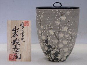 ★美品 奈良 明日香窯 山本義博造【白梅絵　水指　共箱・栞】直径14cm　高さ（木製塗蓋込）18cm　柔らかな絵付けではんなり♪茶道具茶器