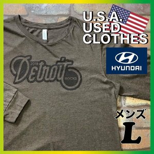 ME3-710★USA買付品★良品★【2019 Detroit ROCKS×ヒュンダイ】霜降りブラウン GOODプリント 長袖 Tシャツ【メンズ L】USA古着 アメカジ