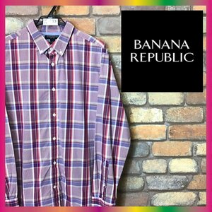 ME9-383★USA正規品★状態良好★【BANANA REPUBLIC バナリパ】チェック 長袖 コットン ボタンダウンシャツ【メンズ L】赤紫 薄手 古着