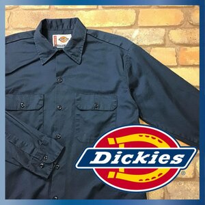 ME9-154★USA買付品★正規★【Dickies ディッキーズ】ポリコットン 長袖 オリジナル ワークシャツ【メンズ M】ネイビー バイク 古着 無地