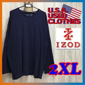 ME3-631◆ゆるだぼ◆ビッグサイズ◆ネイビー単色【IZOD アイゾッド】Vネック 長袖 カットソー【メンズ 2XL】紺 古着 ロンT