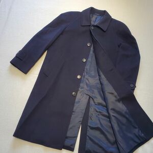 【美品】カシミア100% ステンカラーコート 紺 ネイビー ビジネス ロング ステンカラーコート 紳士 アウター ロングコート 