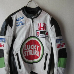 ○希少 HONDA ホンダ◆バイク レザー レーシングジャケット パット入り 555ワールドレーシング LUCKY STRIKE ミシュラン◆マルチ Mサイズ