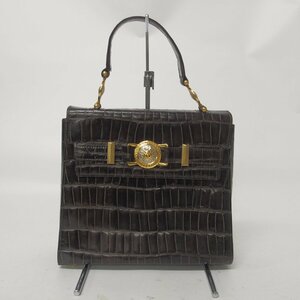 f002 BAG ジャンニ ヴェルサーチ ハンド バッグ ケリー型 クロコ レザー 型押し ボルドー ブラウン GIANNI VERSACE