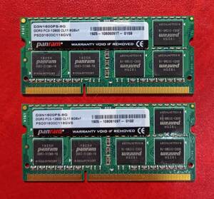 MN71-A【動作品】Panram DDR3-1600 8GB×2枚 計16GB 1.5V【送料無料】PC3-12800 ノートＰＣ用 non-ECC Unbuffered D3N1600PS-8G