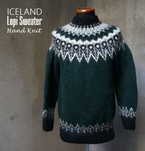 美品 アイスランド ロピセーターlopi sweater カウチン フィッシャーマン ノルディック柄 ハンドニット M相当