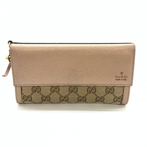 GUCCI グッチ 323396 GGキャンバス レディース 長財布 二つ折り キャンバス レザー ピンク ベージュ フラップ開閉 管理HS35581