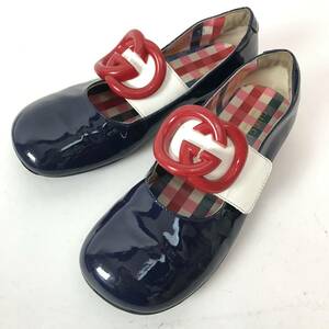 e6 GUCCI グッチ チルドレン GGマーク エナメル ローファー シューズ 子供用 女の子 33 約21cmネイビー パテントレザー 正規品 662178