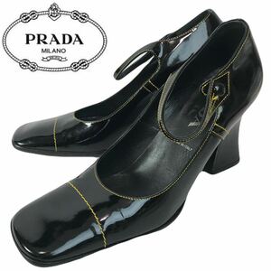 e34 PRADA プラダ エナメル パンプス ローファー パテント レザーシューズ ブラック 革靴 35 イタリア製 スクエアトゥ 正規品 フォーマル