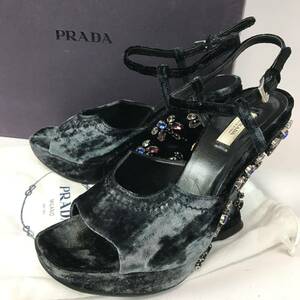 e43 PRADA プラダ ベルベット ビジュー サンダル アンクルストラップ ベロア シューズ 35.5 ストーン ウェッジソール 正規品　箱付き