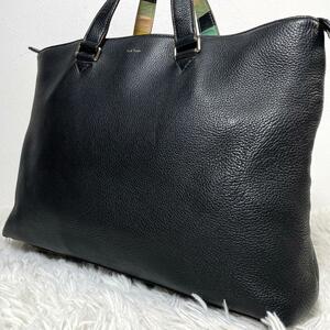 1円◆美品 ポールスミス Paul Smith トートバッグ ハンドバッグ マルチストライプ ビジネス レザー 本革 メンズ 黒 A4◎ ブリーフケース 鞄