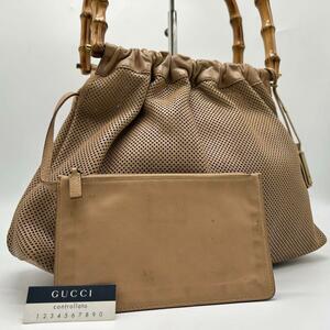 1円◆希少品◆美品 グッチ GUCCI バンブー ハンドバッグ ショルダーバッグ アクセサリーポーチ パンチング 本革 レザー ロゴプレート 巾着