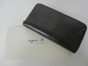 【12-151】agnes b. アニエスベー 長財布 ラウンドファスナー エナメル ダークグリーン エナメル